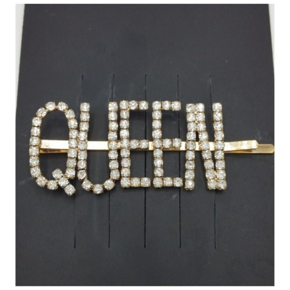 NEW- Clear Crystal Rhinestone Gold Tone Queen Hair Pin/Barrette/Clip